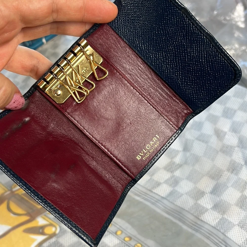 Auth.BVLGARI B-Zero Indigo Blue Leather Key Case Vintage Gold-Tone hardware 3x4”